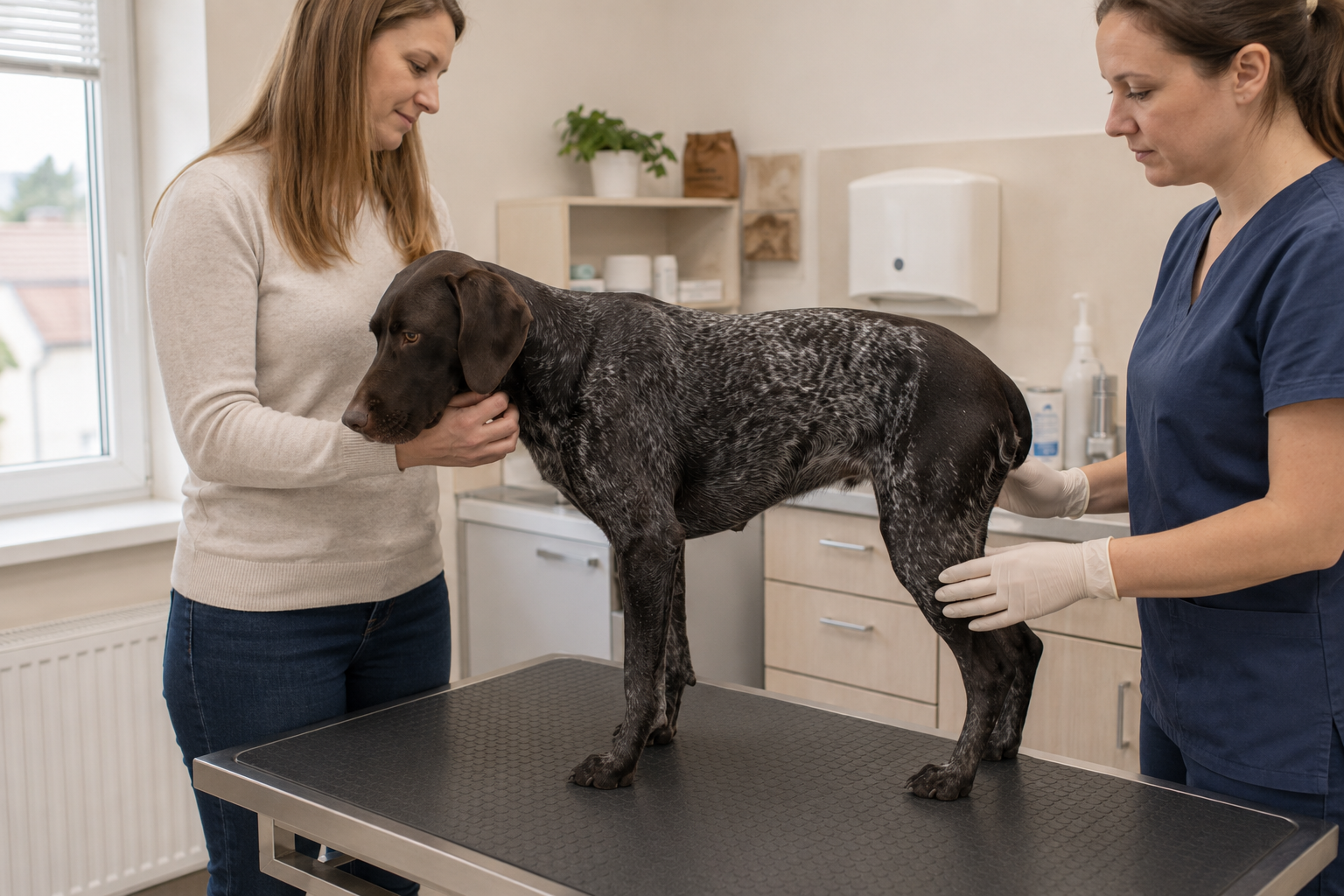 Veterinář šetrně vyšetřuje psa s potížemi v oblasti konečníku